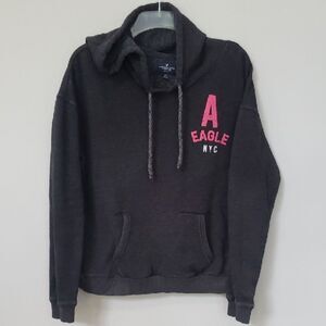 American Eagle Outfitters Black Hoodie Pink Spell Out Womens L Y2K Cozy